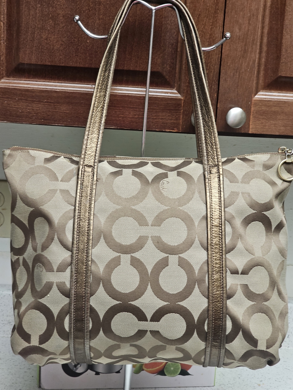 Coach Poppy Glam Op Art Signature Jacquard Canvas & Khaki Bronze Metallic Tote - Picture 3 of 15
